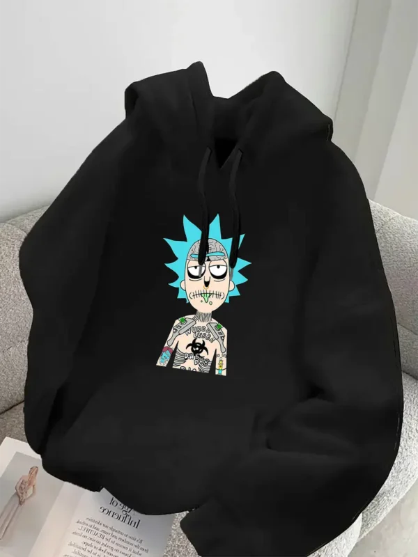 Men'S Casual Graphic Hoodie - Black Pullover with Cartoon, Long Sleeves, and Front Pocket, Fall/Winter Streetwear, Cozy Knit Fabric