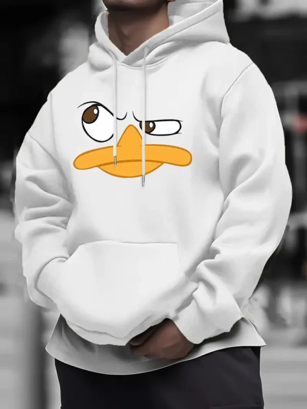 Men's Cartoon Graphic Hooded Sweatshirt - Grey with Orange Geometric Print, Regular Fit Casual Pullover, Machine Washable Long Sleeve Hoodie for Autumn/Winter - Image 5
