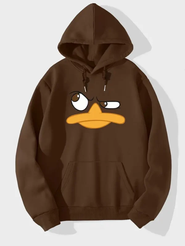 Men's Cartoon Graphic Hooded Sweatshirt - Grey with Orange Geometric Print, Regular Fit Casual Pullover, Machine Washable Long Sleeve Hoodie for Autumn/Winter - Image 2