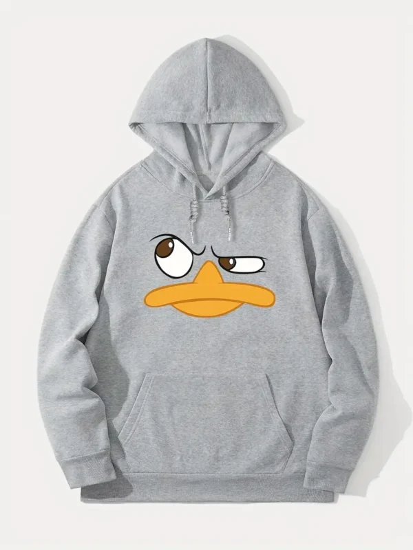 Men's Cartoon Graphic Hooded Sweatshirt - Grey with Orange Geometric Print, Regular Fit Casual Pullover, Machine Washable Long Sleeve Hoodie for Autumn/Winter